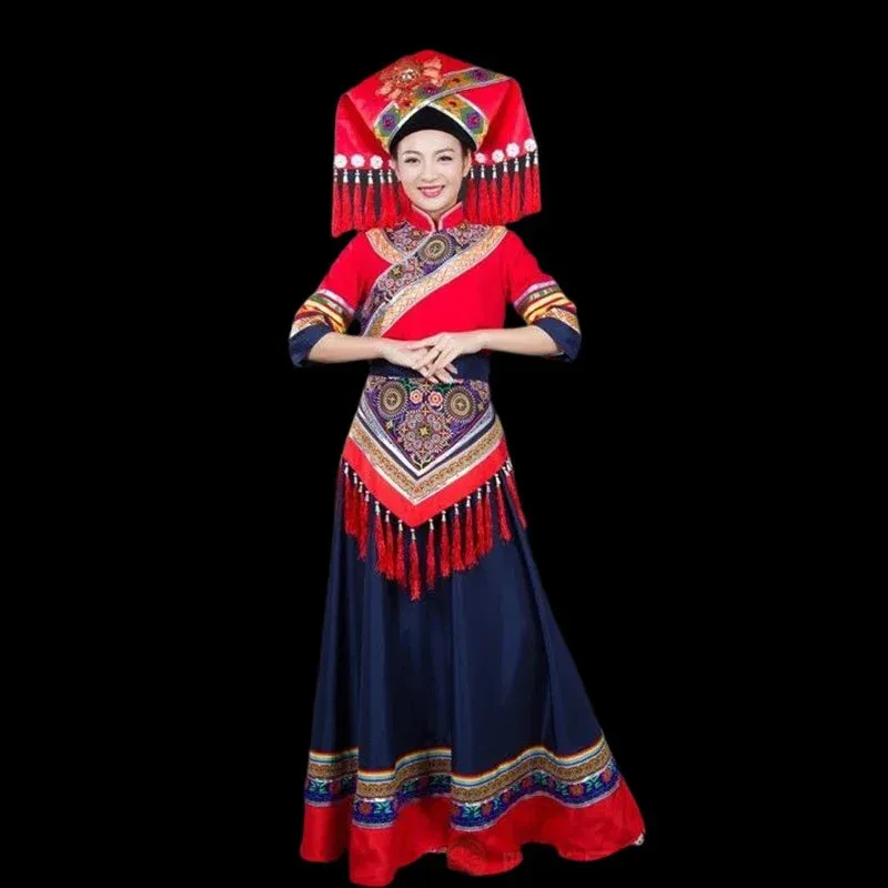 2023 Traditional Chinese Ethnic Zhuang Women's Costume Dance Skirt Set