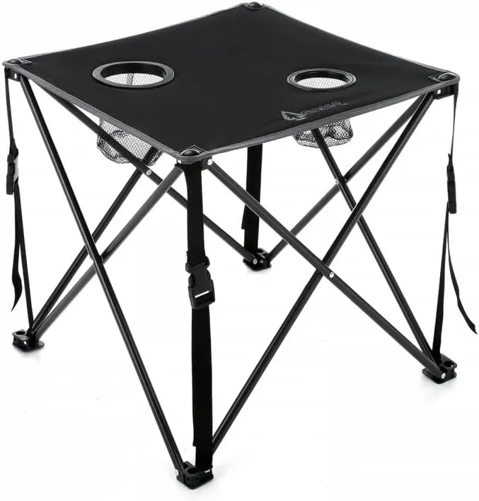 26” (66cm) Heavy-Duty Portable Camping Folding Table, 2 Cup Holders, Compact, Square, Carrying Case Included, Steel Frame, High-Grade 600D Canvas