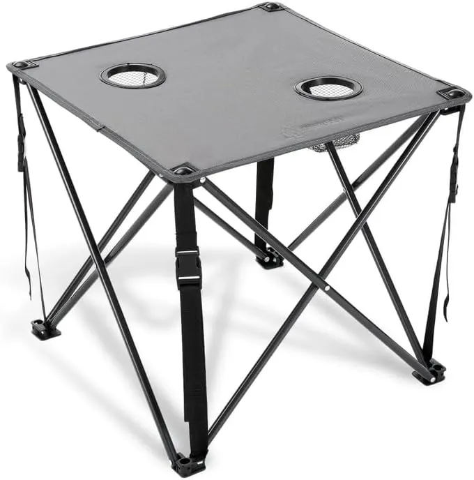 26” (66cm) Heavy-Duty Portable Camping Folding Table, 2 Cup Holders, Compact, Square, Carrying Case Included, Steel Frame, High-Grade 600D Canvas