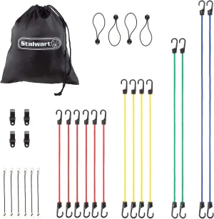 28 Piece Bungee Cord Set- Assortment of 5 Sizes- 10”, 18”, 24” 32” 40”- Plus Canopy Ties, Tarp Clips & Storage Bag- Tie Downs with Hooks by Stalwart