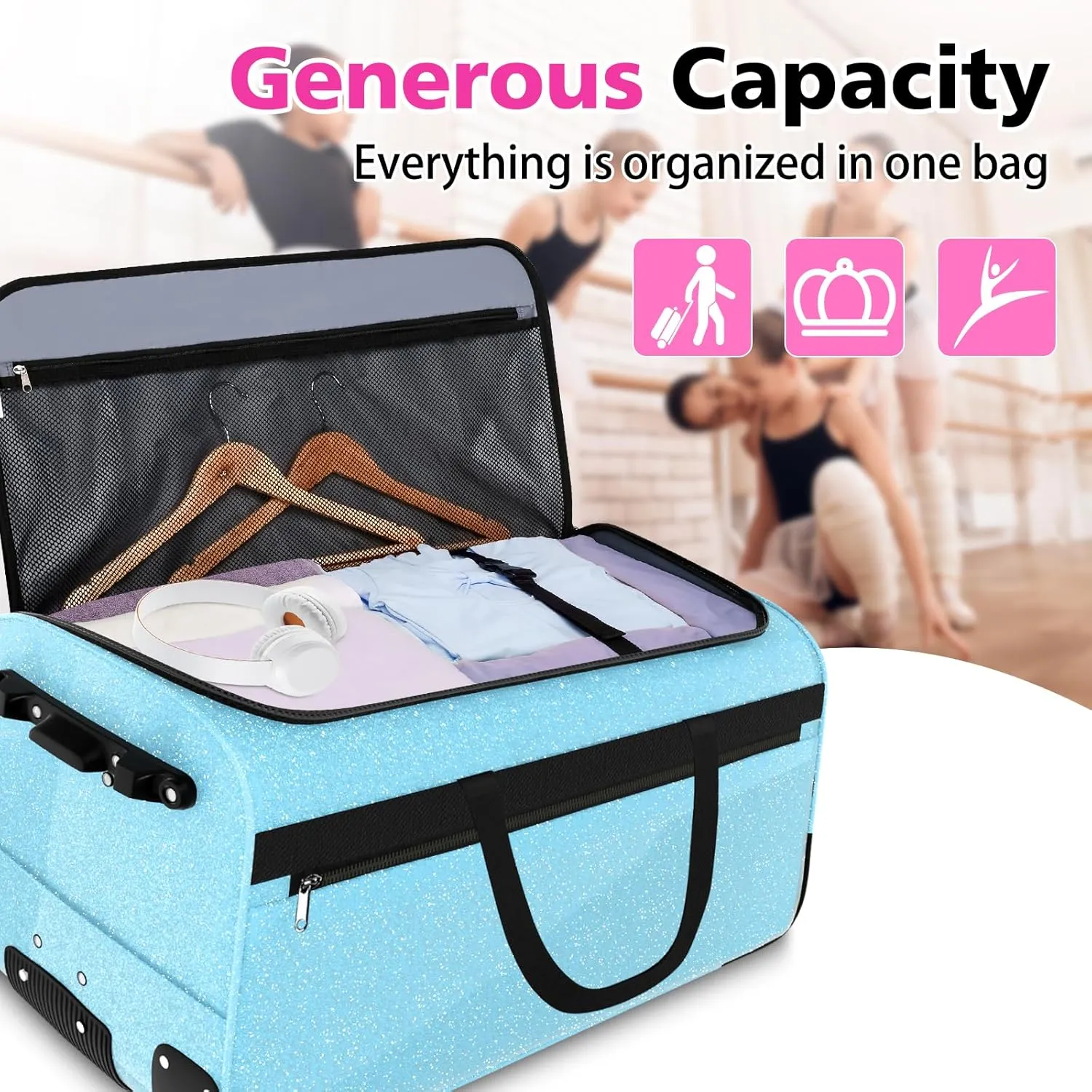 29 Inch Dance Bag,Professional Dance Competition Bag with Garment Rack and Mirror Hook | Rolling Dance Suitcase Duffle Bag with Garment Rack 2 Wheels - Collapsible,Versatile for Dance and Travel