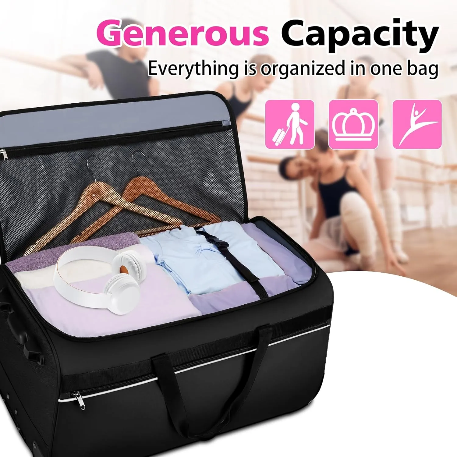 29 Inch Dance Bag,Professional Dance Competition Bag with Garment Rack and Mirror Hook | Rolling Dance Suitcase Duffle Bag with Garment Rack 2 Wheels - Collapsible,Versatile for Dance and Travel