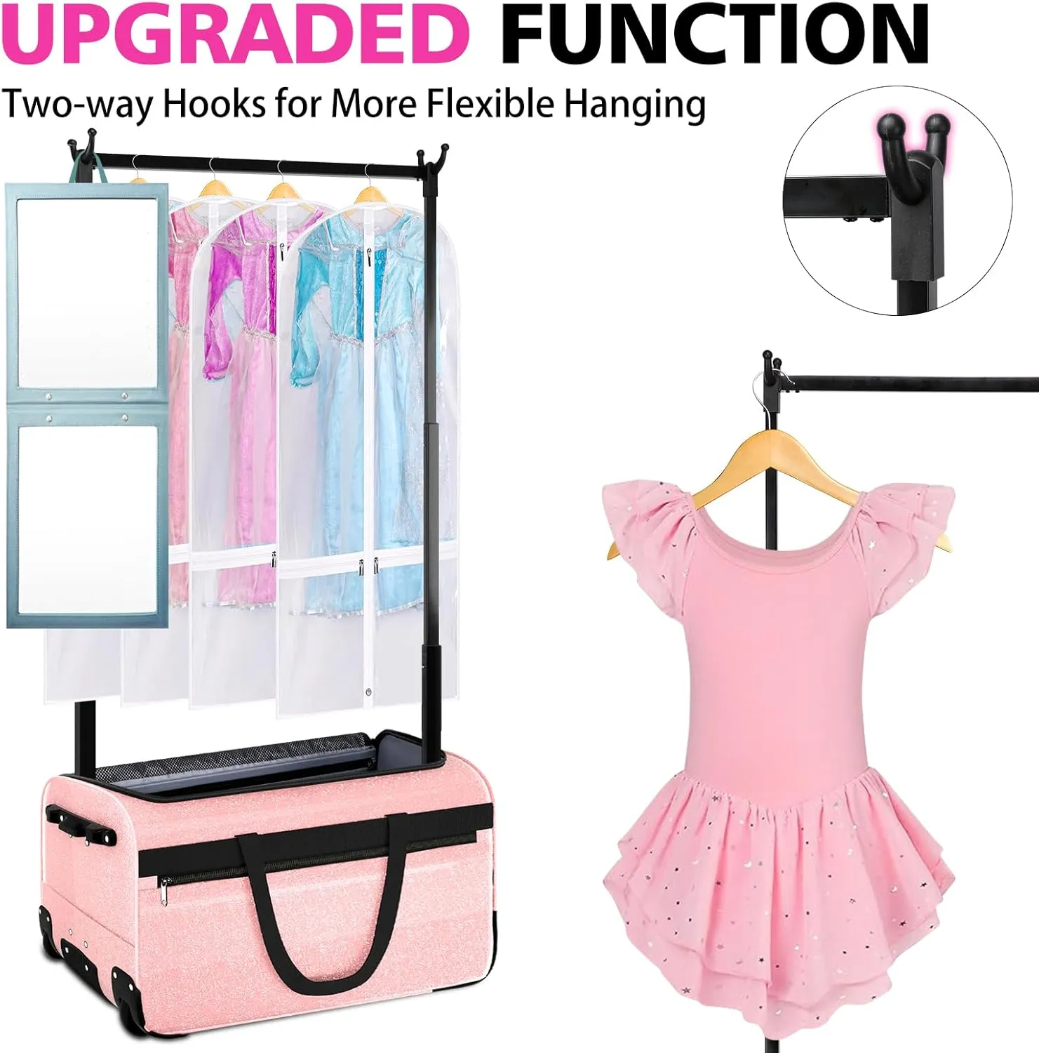 29 Inch Dance Bag,Professional Dance Competition Bag with Garment Rack and Mirror Hook | Rolling Dance Suitcase Duffle Bag with Garment Rack 2 Wheels - Collapsible,Versatile for Dance and Travel