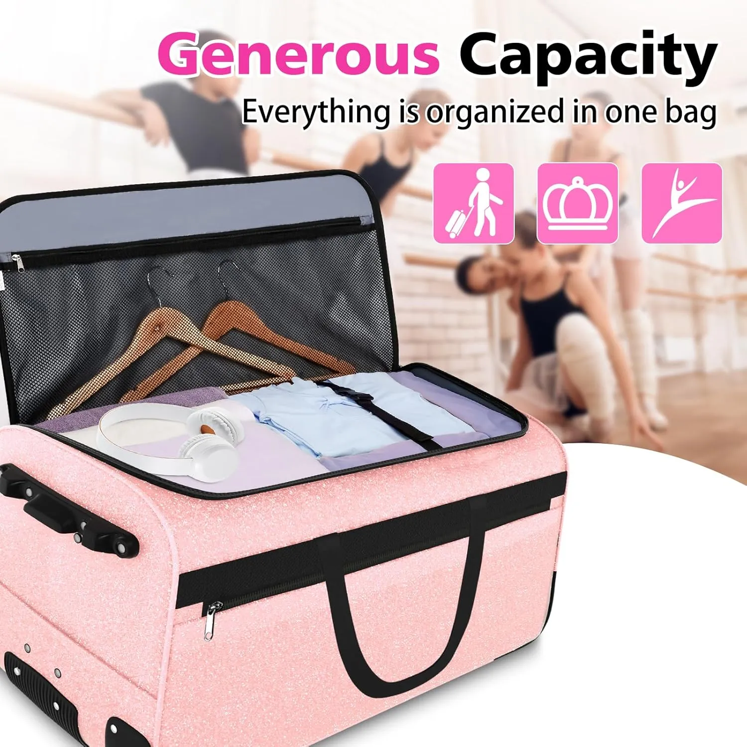 29 Inch Dance Bag,Professional Dance Competition Bag with Garment Rack and Mirror Hook | Rolling Dance Suitcase Duffle Bag with Garment Rack 2 Wheels - Collapsible,Versatile for Dance and Travel