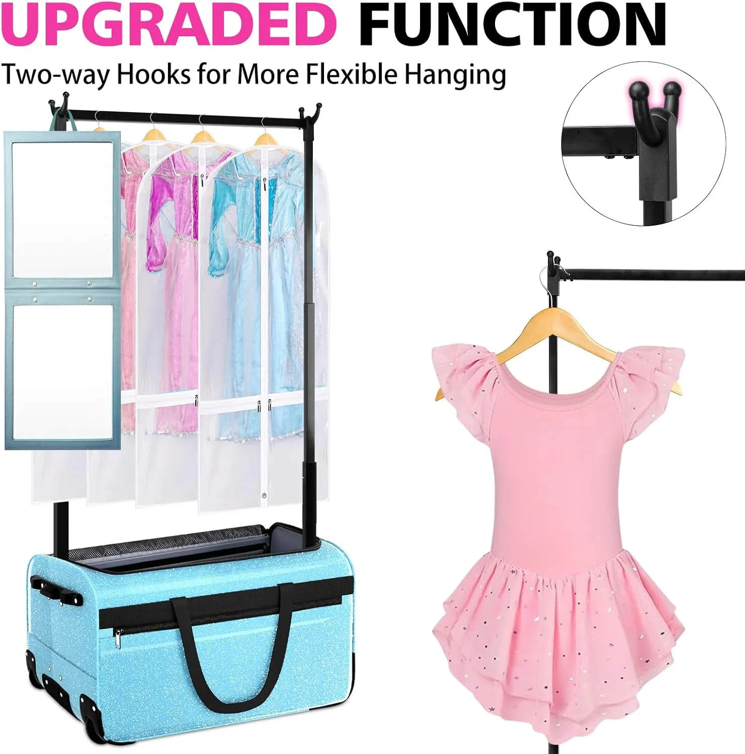 29 Inch Dance Bag,Professional Dance Competition Bag with Garment Rack and Mirror Hook | Rolling Dance Suitcase Duffle Bag with Garment Rack 2 Wheels - Collapsible,Versatile for Dance and Travel