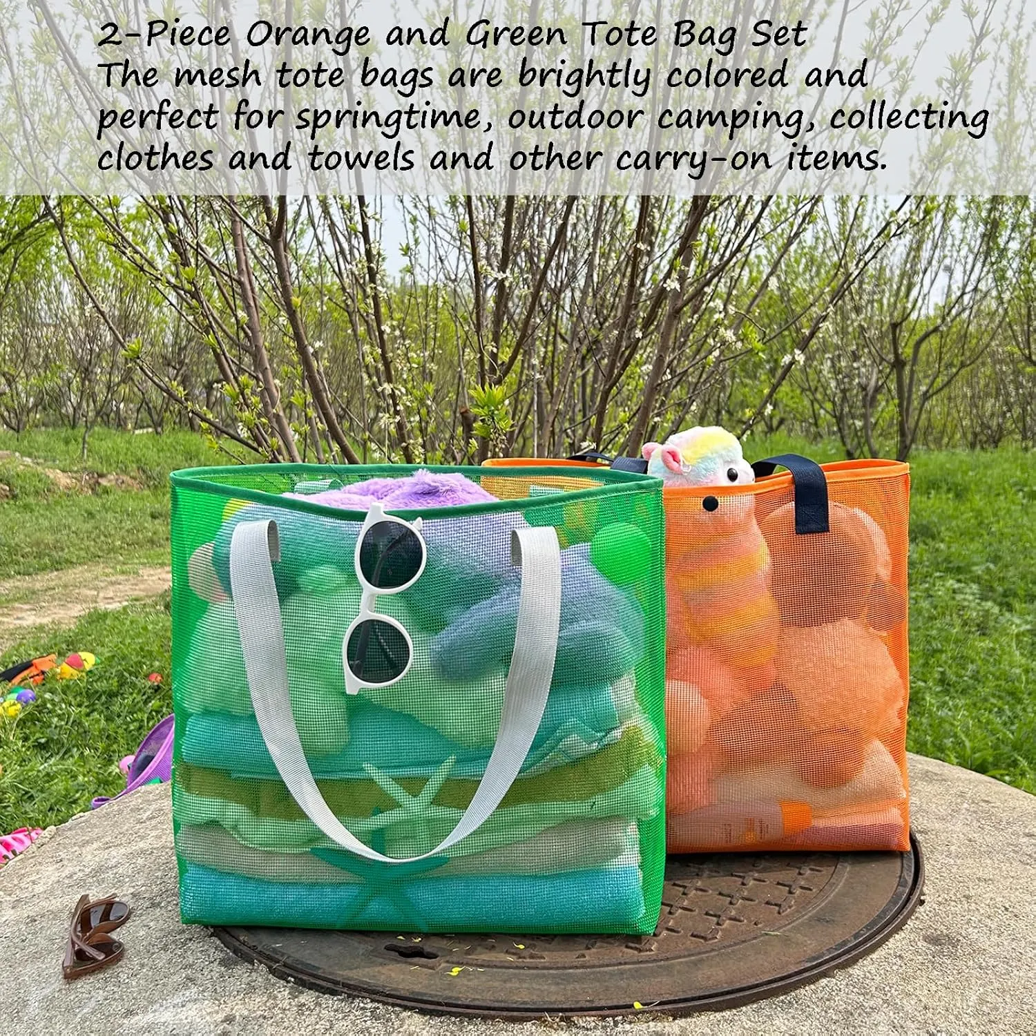 2Pack Large lightweight Simple Mesh Beach Tote Bag With snap Button Reusable Pool Bag for Outdoor Travel Shopping Gym