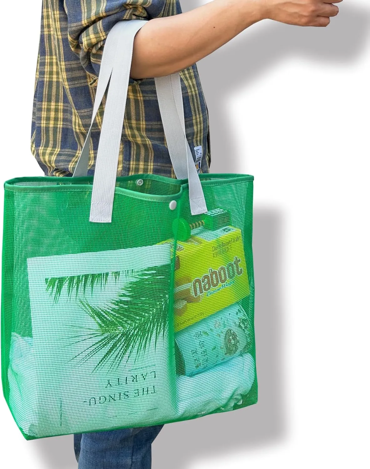2Pack Large lightweight Simple Mesh Beach Tote Bag With snap Button Reusable Pool Bag for Outdoor Travel Shopping Gym