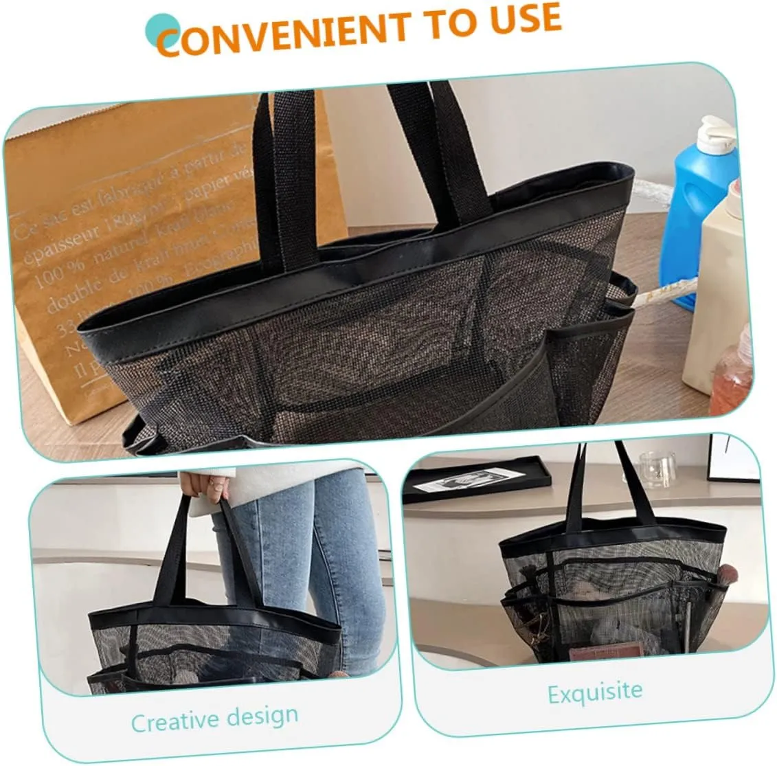 2pcs Mesh Laundry Bag Portable Mesh Bag Mesh Shower Bag Universal Storage Bag Men and Women, Black, 42X26X21CM