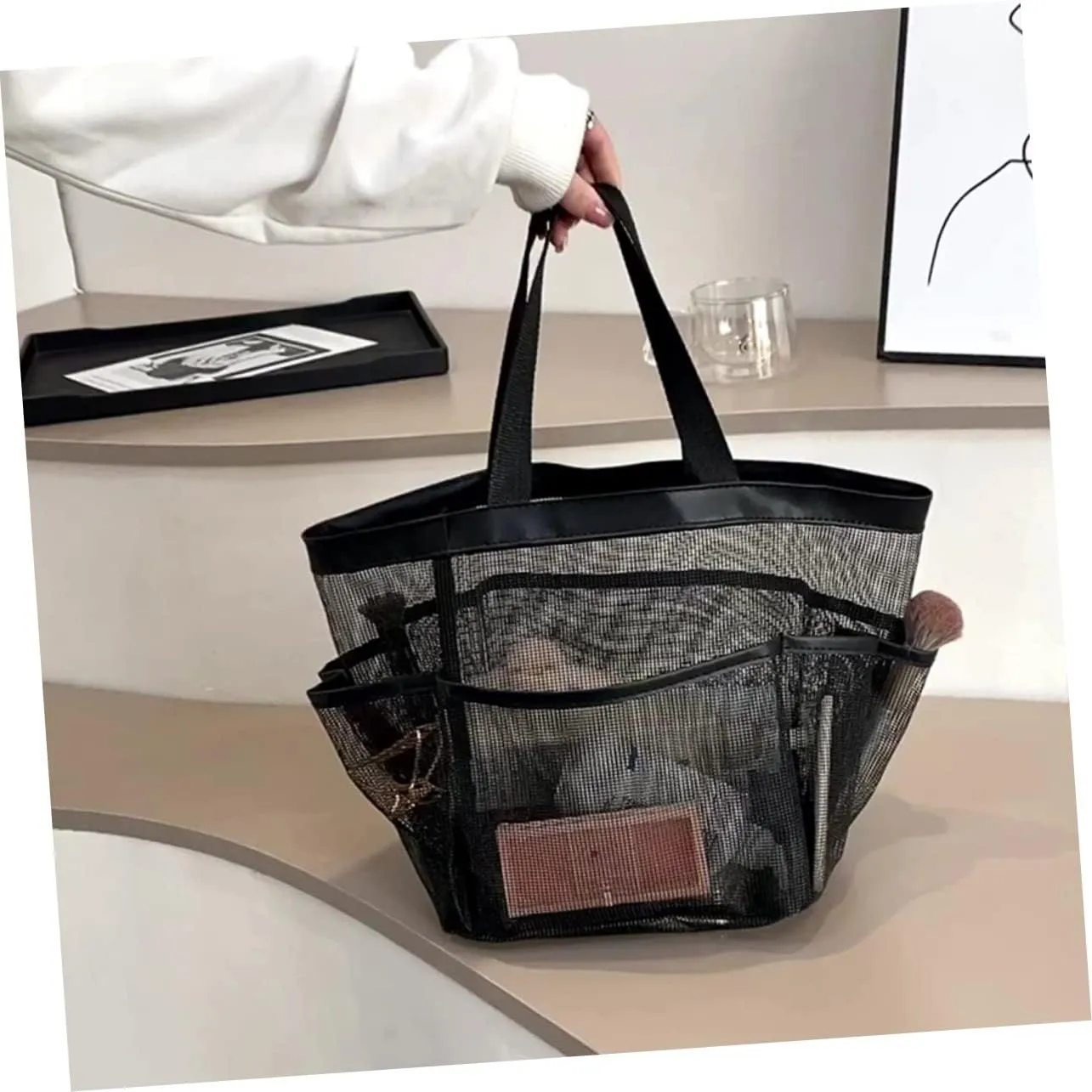 2pcs Mesh Laundry Bag Portable Mesh Bag Mesh Shower Bag Universal Storage Bag Men and Women, Black, 42X26X21CM