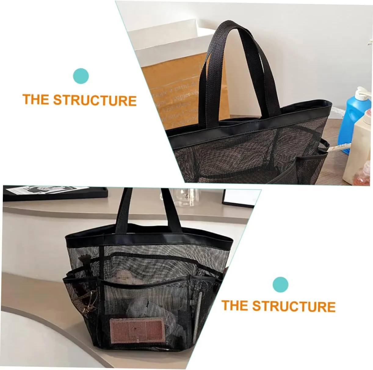 2pcs Mesh Laundry Bag Portable Mesh Bag Mesh Shower Bag Universal Storage Bag Men and Women, Black, 42X26X21CM