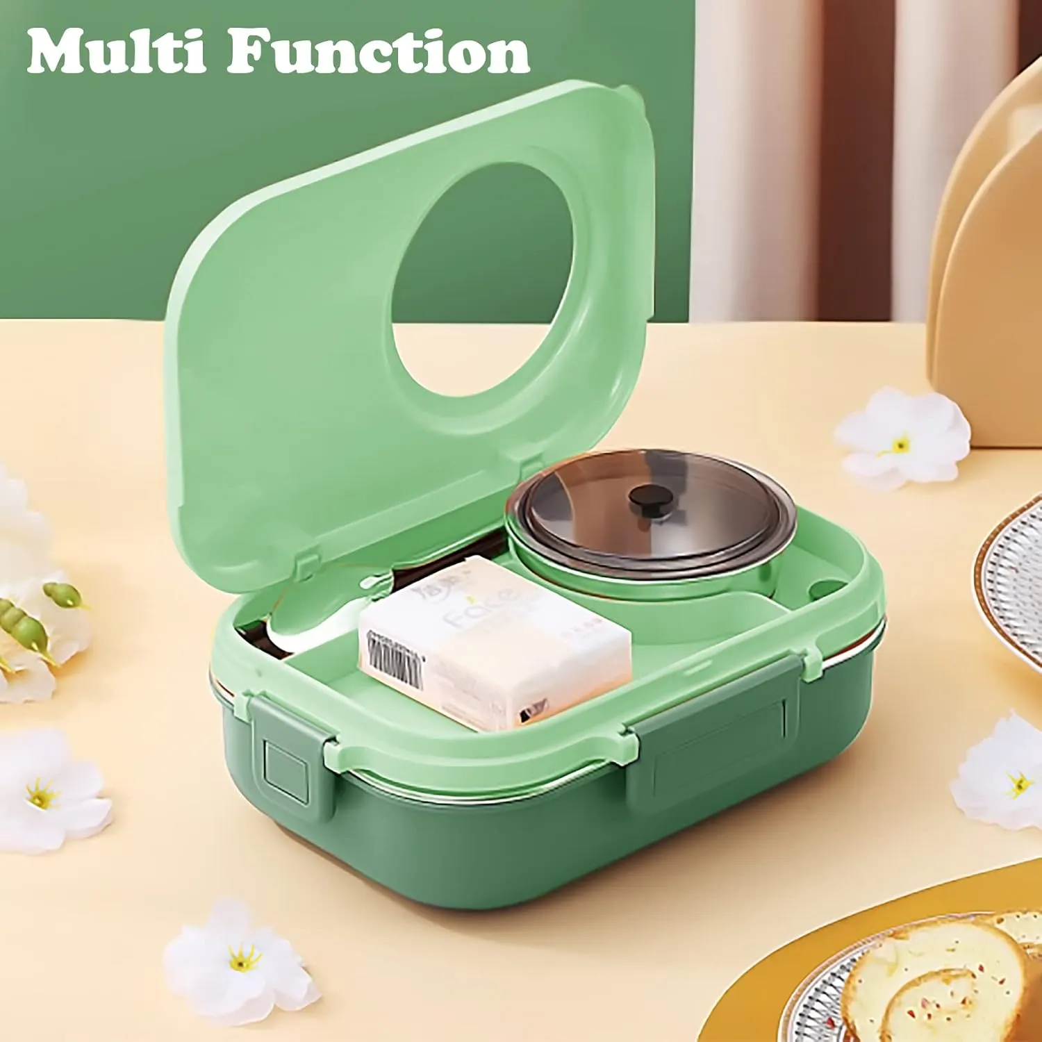3 Compartments Bento Lunch box with Soup Bowl, Insulated Lunch Bag and Portable Utensils, Stainless Steel Camera Lunch Containers，Leak Proof Bento Box for Kids Adults Men Women…