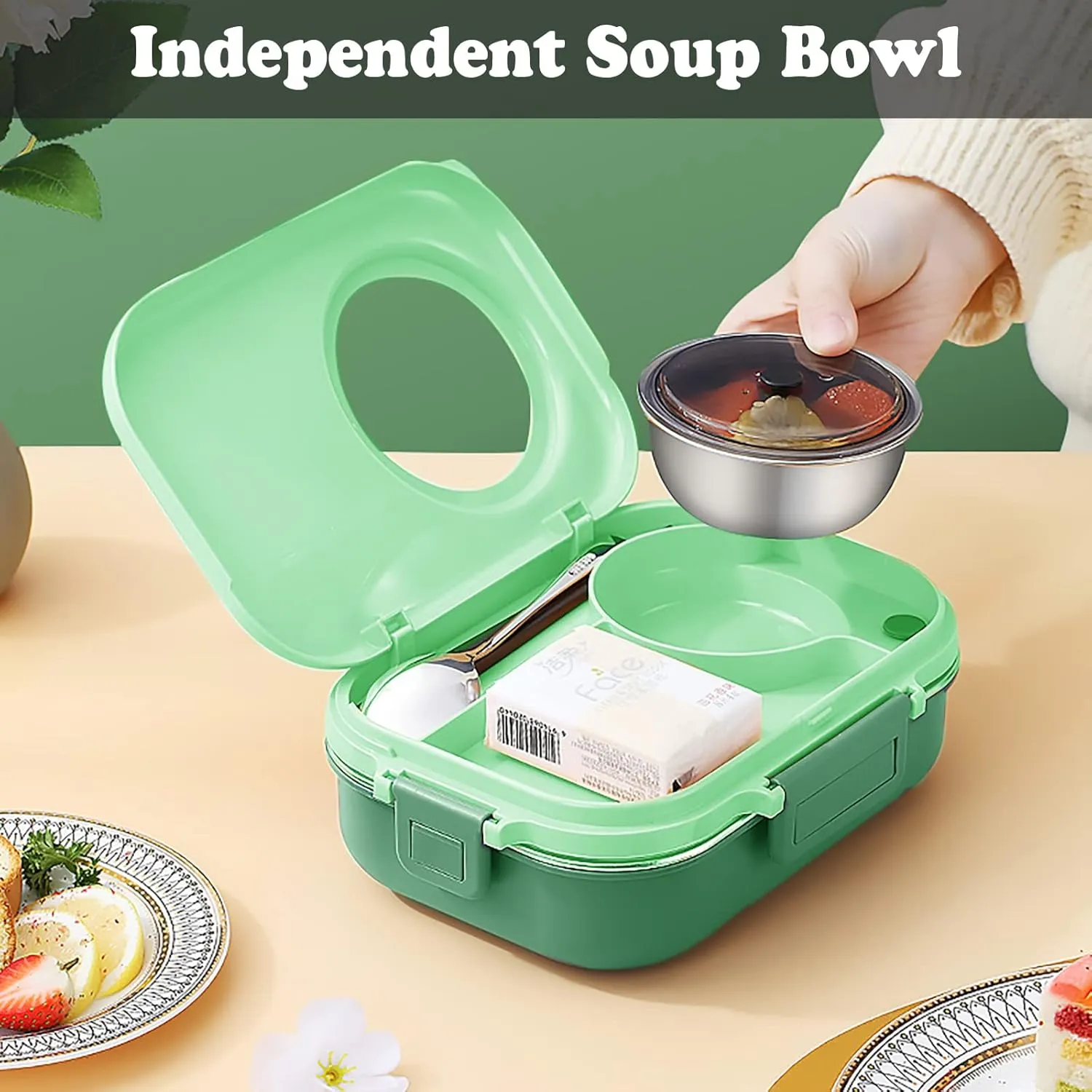 3 Compartments Bento Lunch box with Soup Bowl, Insulated Lunch Bag and Portable Utensils, Stainless Steel Camera Lunch Containers，Leak Proof Bento Box for Kids Adults Men Women…