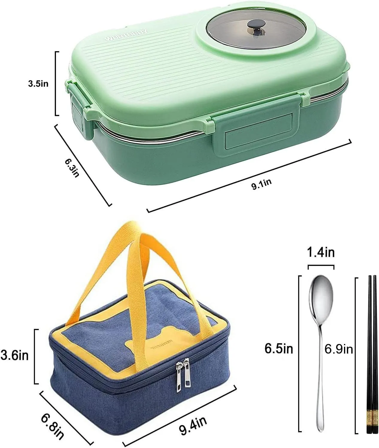 3 Compartments Bento Lunch box with Soup Bowl, Insulated Lunch Bag and Portable Utensils, Stainless Steel Camera Lunch Containers，Leak Proof Bento Box for Kids Adults Men Women…