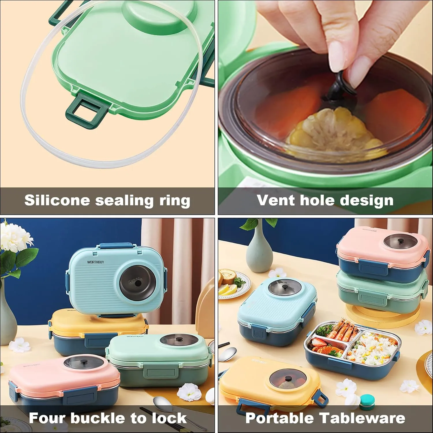3 Compartments Bento Lunch box with Soup Bowl, Insulated Lunch Bag and Portable Utensils, Stainless Steel Camera Lunch Containers，Leak Proof Bento Box for Kids Adults Men Women…