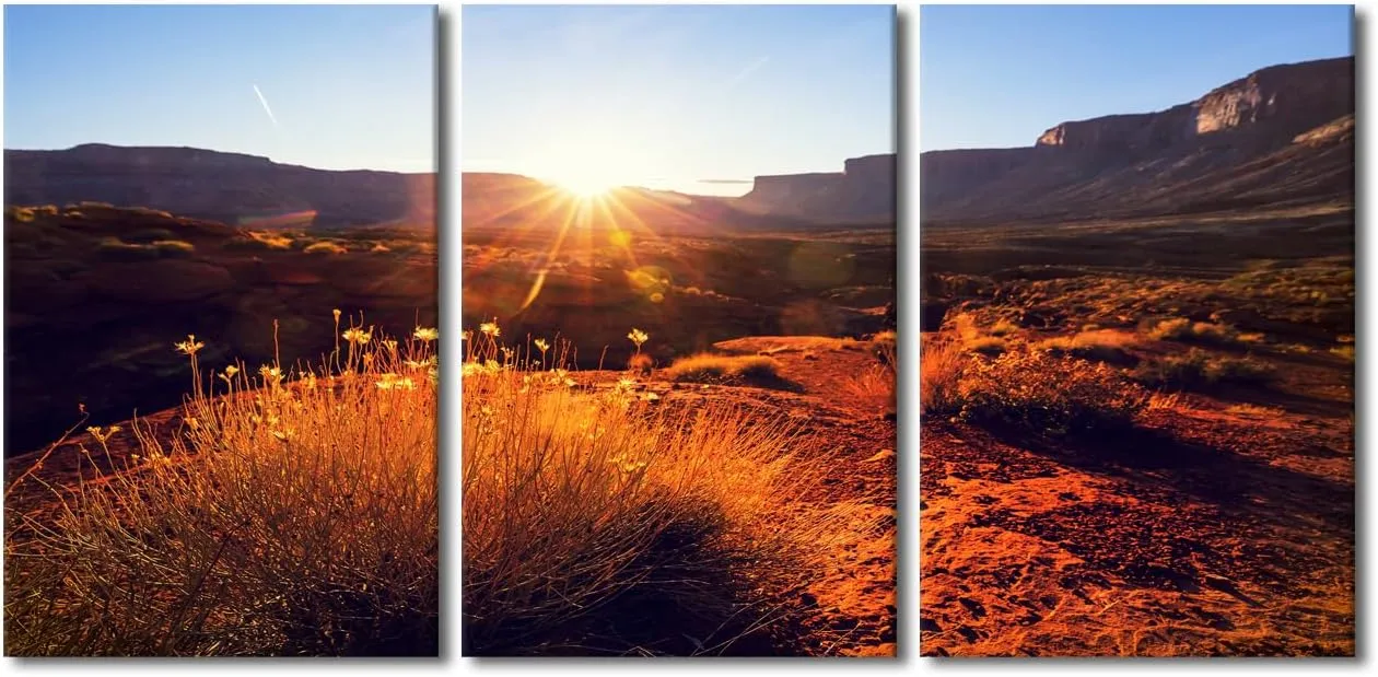 3 Panels American Landscapes Wall Art Prairie and Cliffs Canvas Art Wall Decor Natural Scenery Framed Wall Art for Bedroom Print on Canvas Stretched and Framed Ready to Hang 24x48inch