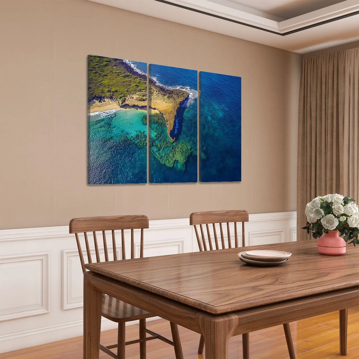 3 Panels Canvas Wall Art Aerial view coast Playa Jobos Isabela Puerto Rico Poster Print On Canvas Artworks for Office Home Living Room Decor Framed Ready to Hang 16"x32"x3pcs