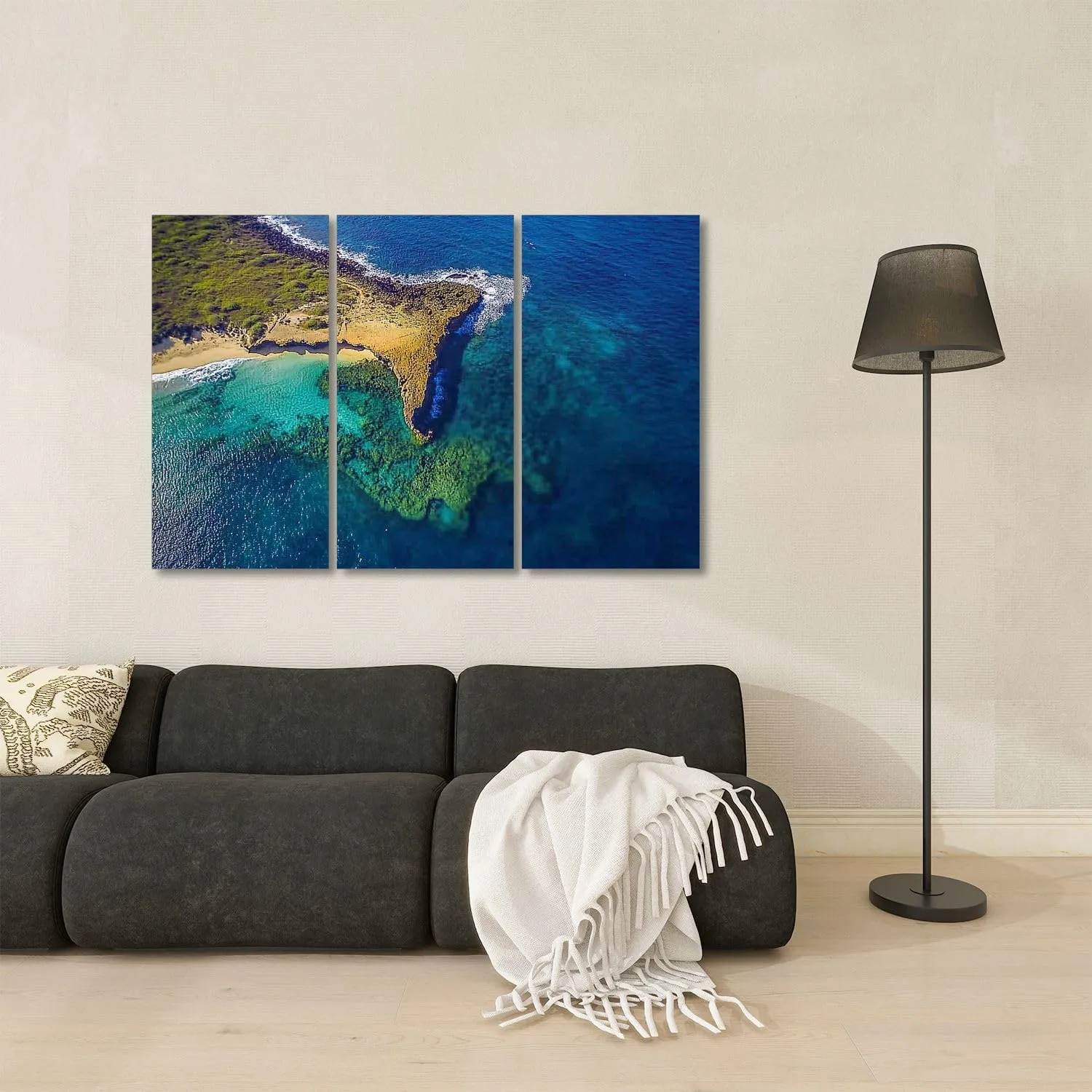 3 Panels Canvas Wall Art Aerial view coast Playa Jobos Isabela Puerto Rico Poster Print On Canvas Artworks for Office Home Living Room Decor Framed Ready to Hang 16"x32"x3pcs