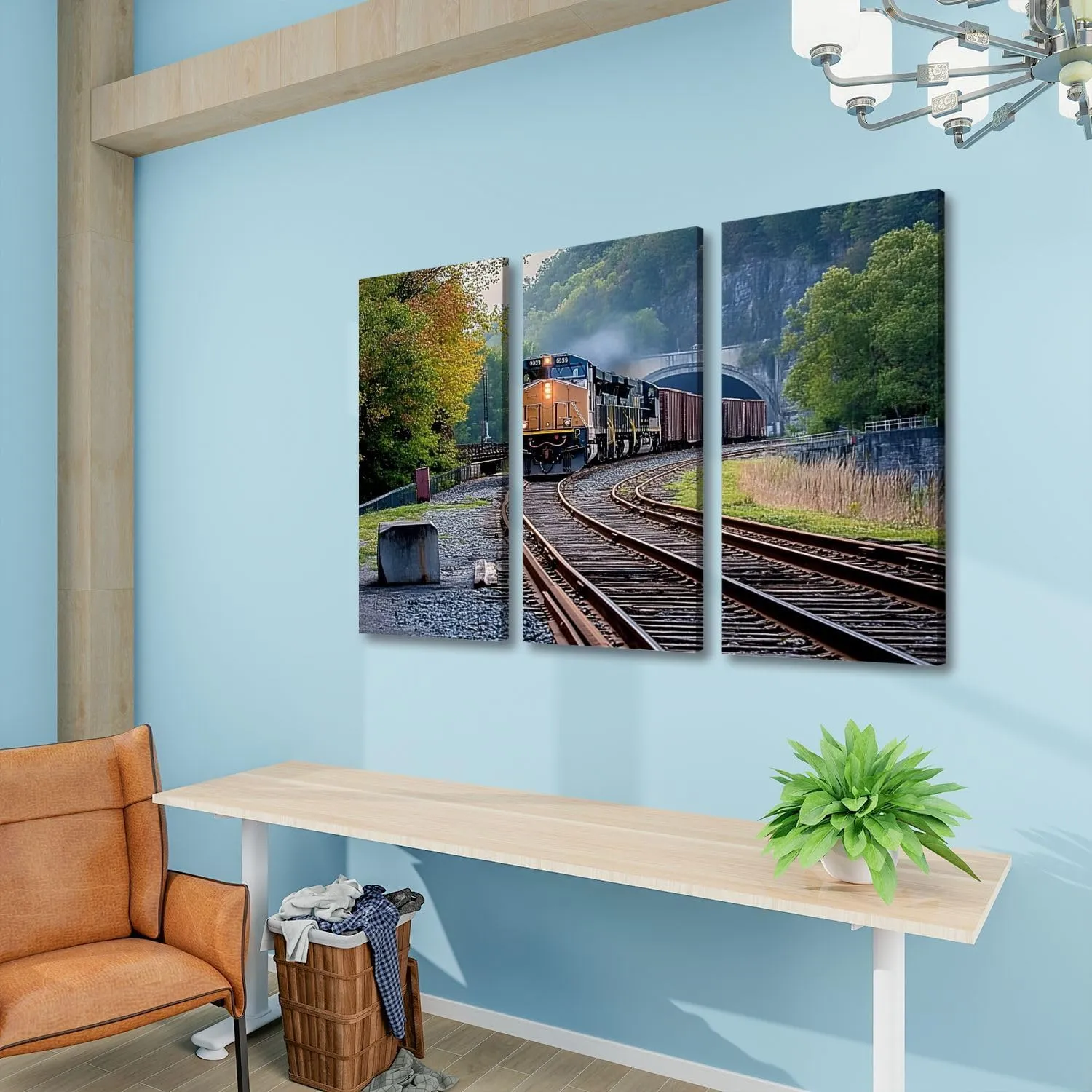 3 Panels Canvas Wall Art CSX Train Coming Tunnel Poster Print On Canvas Artworks for Office Home Living Room Decor Framed Ready to Hang 12"x14"x3pcs