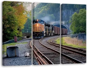 3 Panels Canvas Wall Art CSX Train Coming Tunnel Poster Print On Canvas Artworks for Office Home Living Room Decor Framed Ready to Hang 12"x14"x3pcs