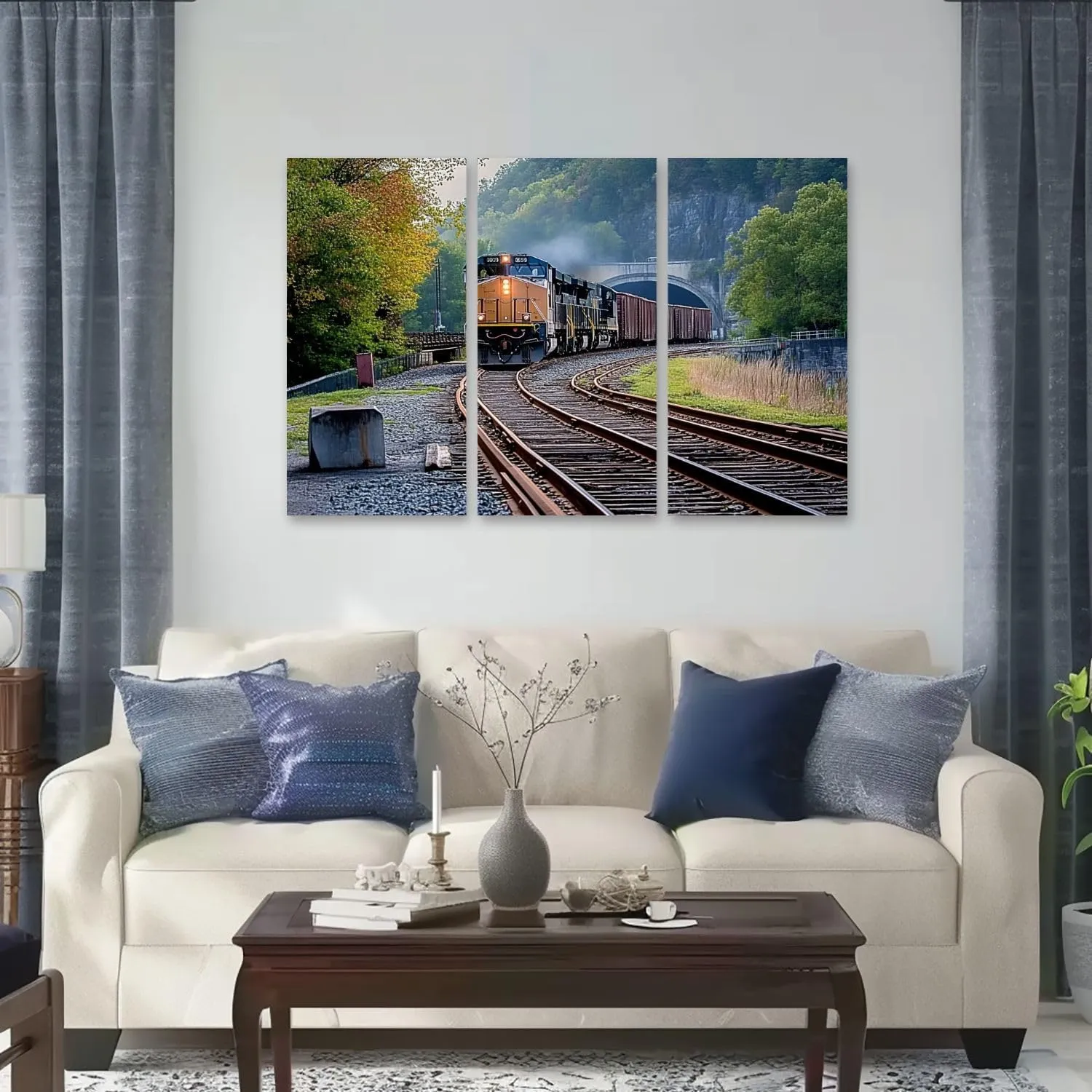 3 Panels Canvas Wall Art CSX Train Coming Tunnel Poster Print On Canvas Artworks for Office Home Living Room Decor Framed Ready to Hang 12"x14"x3pcs