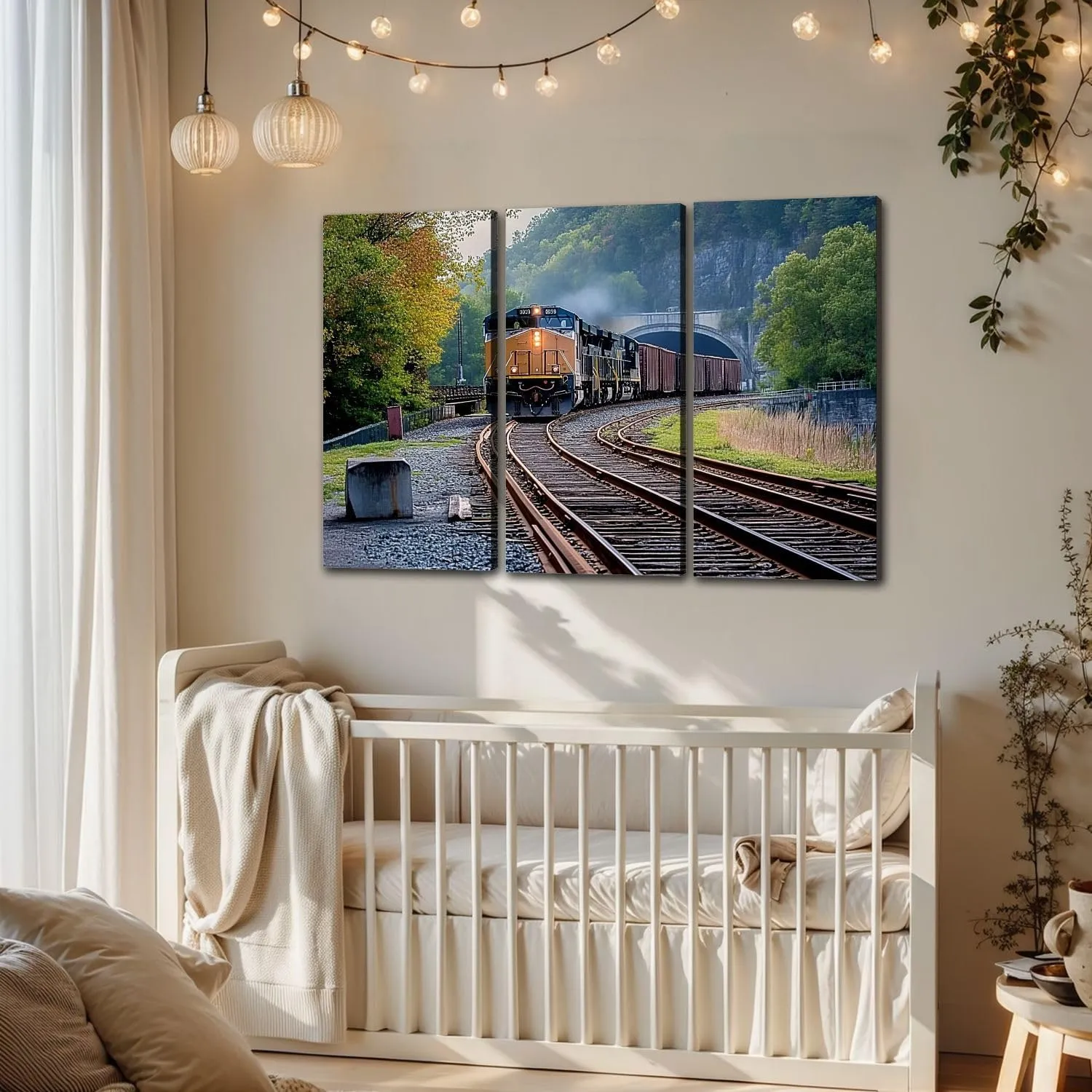 3 Panels Canvas Wall Art CSX Train Coming Tunnel Poster Print On Canvas Artworks for Office Home Living Room Decor Framed Ready to Hang 12"x14"x3pcs