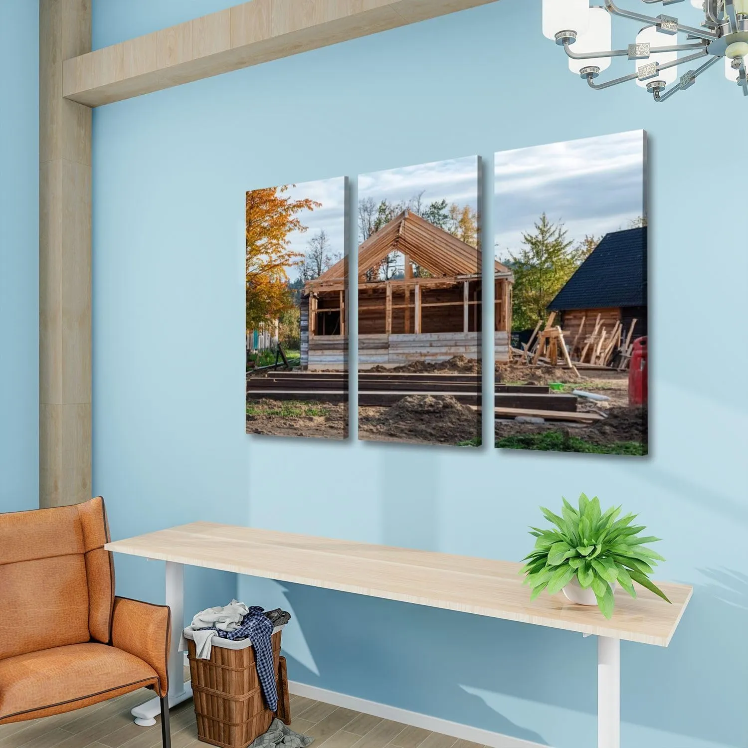 3 Panels Canvas Wall Art Wooden building being rebuilt after rolocating to an open air museum Poster Print On Canvas Artworks for Office Home Living Room Decor Framed Ready to Hang 12"x14"x3pcs