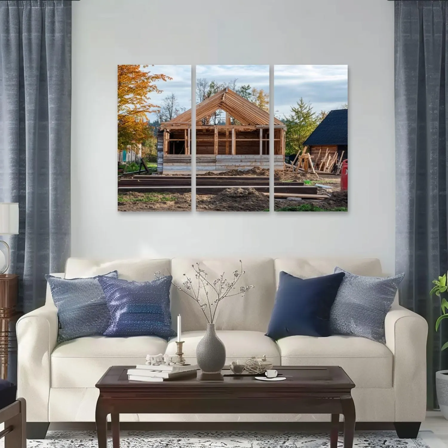 3 Panels Canvas Wall Art Wooden building being rebuilt after rolocating to an open air museum Poster Print On Canvas Artworks for Office Home Living Room Decor Framed Ready to Hang 12"x14"x3pcs