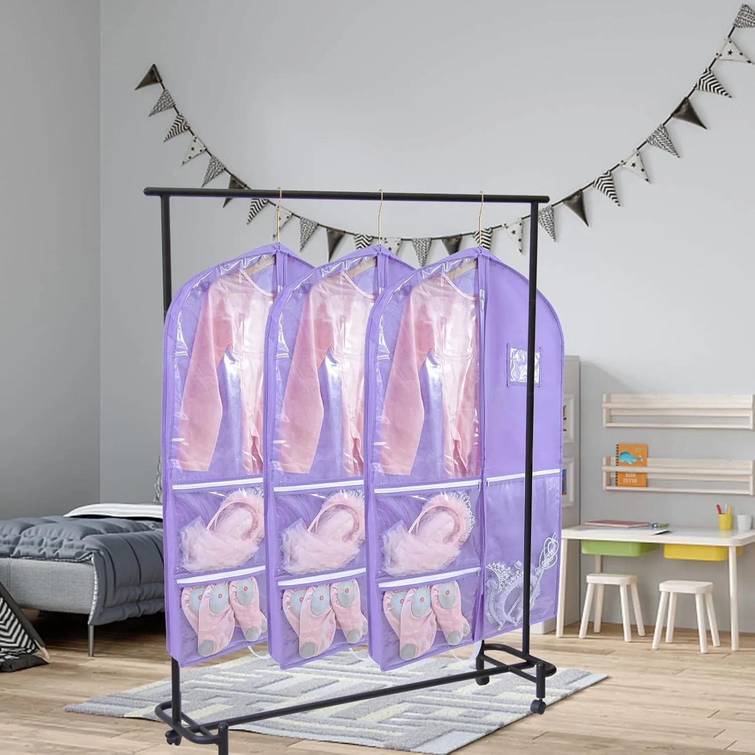 3 Pcs 40 inch Dance Costume Bags for Dance Competitions,Dance Garment Bag,Kids Garment Bags for Dance Costumes,Garment Bags for Hanging Clothes with Pocket,Garment Bags for Travel Storage