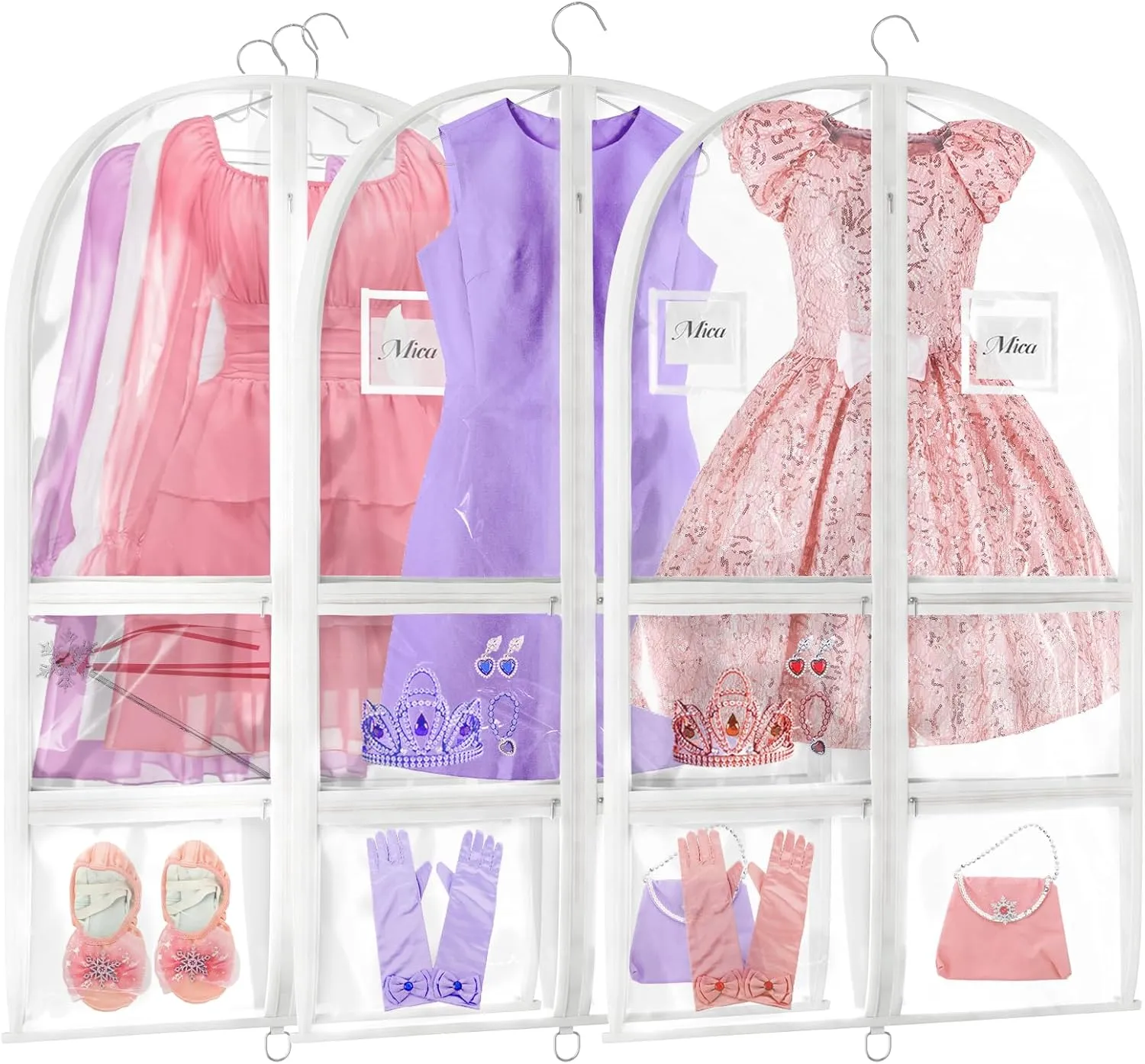3 Pcs Dance Garment Bags With 6 Clear Pockets, 40” PVC Kids Costume Bag With Sturdy D-rings For Easy Carry, Plastic Dance Recital Bag For Dancers Competitions, Travel, Closet Storage