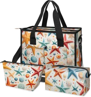 3-Piece Sea Shells Print Tote Set, Large Insulated Satchel Shoulder Bag with Crossbody Strap and 2 Accessory Pouches, Three-piece set is Perfect for Daily Work, Shopping or Dates