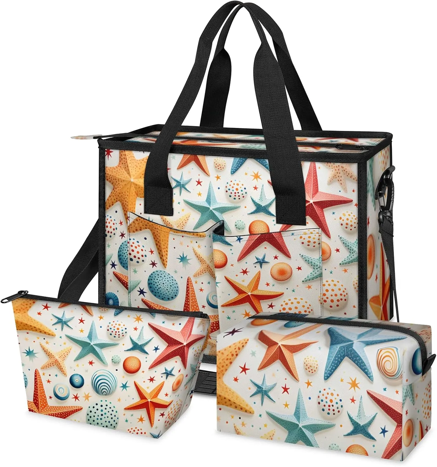 3-Piece Sea Shells Print Tote Set, Large Insulated Satchel Shoulder Bag with Crossbody Strap and 2 Accessory Pouches, Three-piece set is Perfect for Daily Work, Shopping or Dates