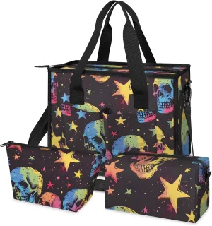 3-Piece Star & Skull Print Tote Set, Large Insulated Satchel Shoulder Bag with Crossbody Strap and 2 Accessory Pouches, Three-piece set is Perfect for Daily Work, Shopping or Dates
