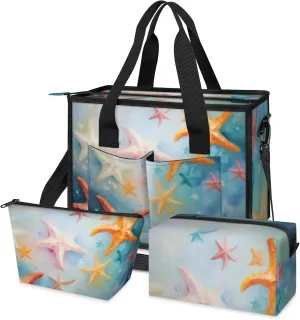 3-Piece Yellow Star-fish Print Tote Set, Large Insulated Satchel Shoulder Bag with Crossbody Strap and 2 Accessory Pouches, Three-piece set is Perfect for Daily Work, Shopping or Dates