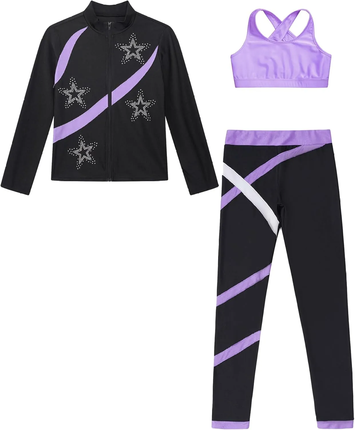 3Pcs Kids Girls Figure Skating Sports Dance Costume Rhinestone Long Sleeve Zipper Sweatshirt Pants and Vest
