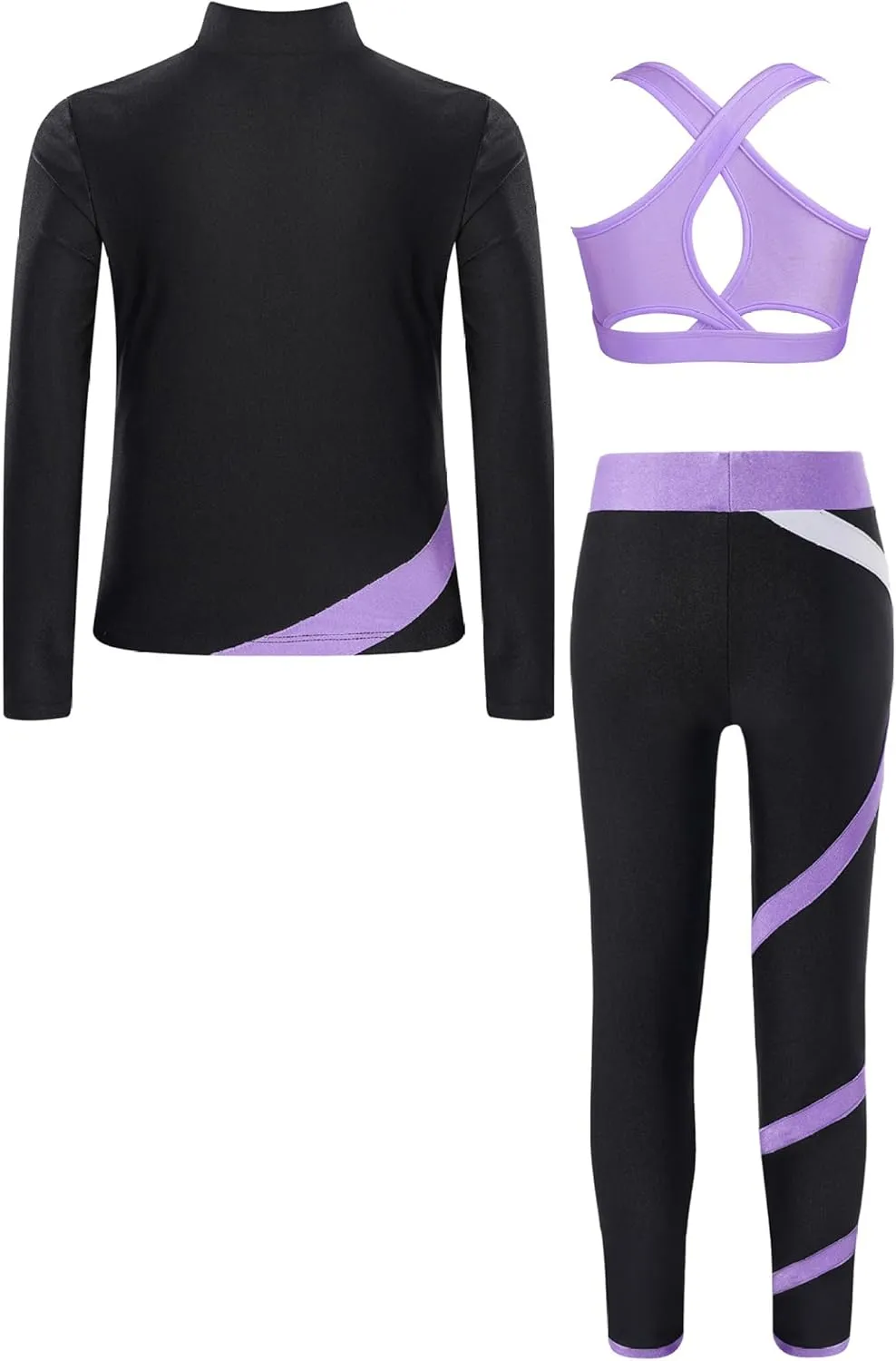 3Pcs Kids Girls Figure Skating Sports Dance Costume Rhinestone Long Sleeve Zipper Sweatshirt Pants and Vest