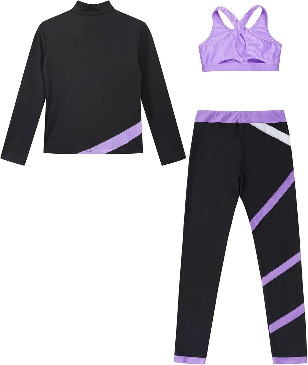 3Pcs Kids Girls Figure Skating Sports Dance Costume Rhinestone Long Sleeve Zipper Sweatshirt Pants and Vest