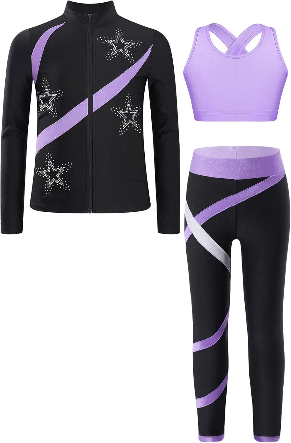 3Pcs Kids Girls Figure Skating Sports Dance Costume Rhinestone Long Sleeve Zipper Sweatshirt Pants and Vest
