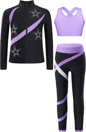 3Pcs Kids Girls Figure Skating Sports Dance Costume Rhinestone Long Sleeve Zipper Sweatshirt Pants and Vest