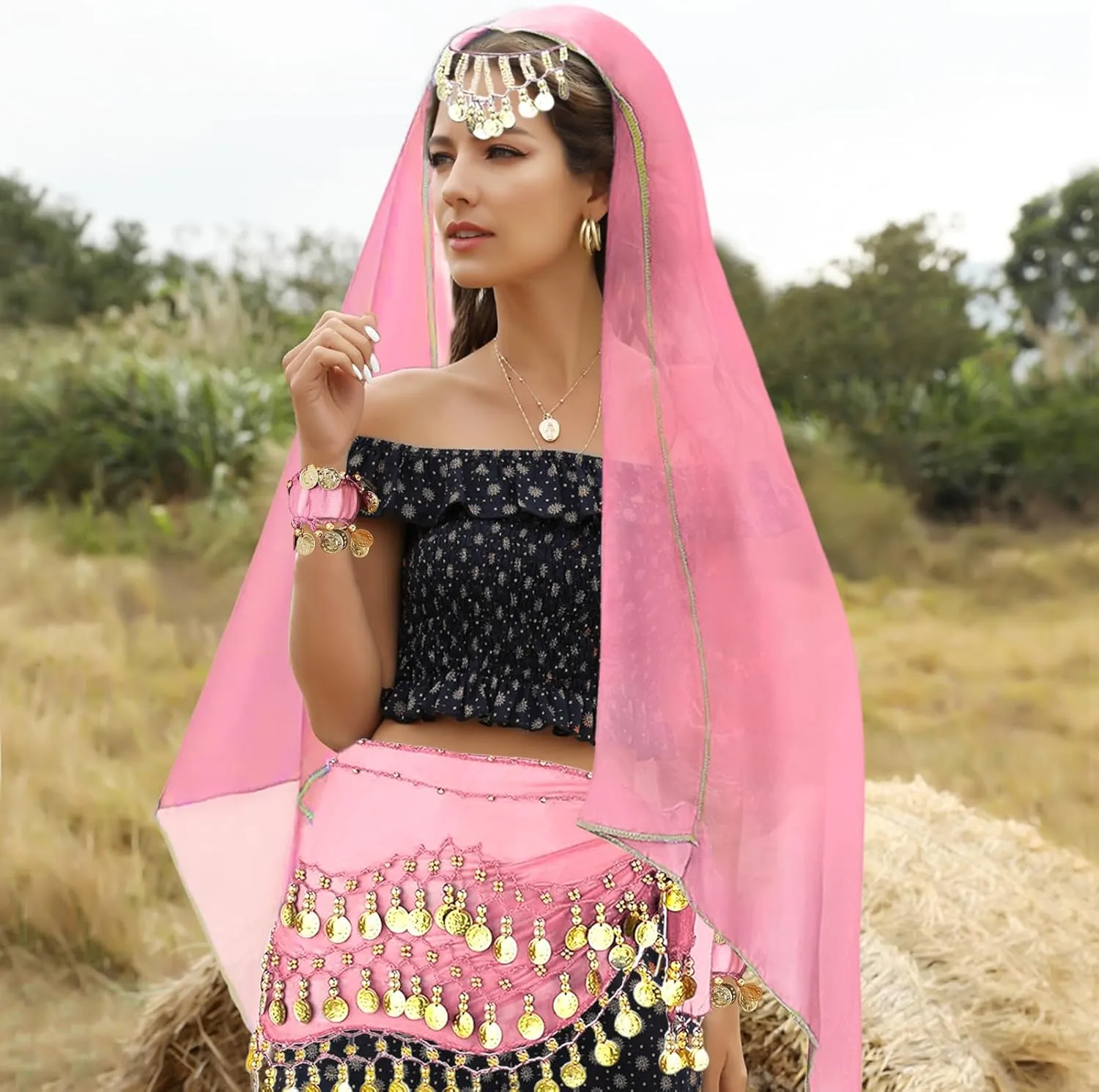 4 Pcs Belly Dance Outfit Sets Belly Dance Chiffon Hip Scarf, Head Scarf with Gold Coins 2 Coin Wrist Bracelet 50 Bobby Pins