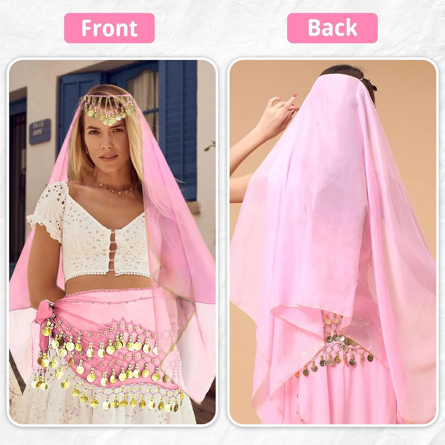 4 Pcs Belly Dance Outfit Sets Belly Dance Chiffon Hip Scarf, Head Scarf with Gold Coins 2 Coin Wrist Bracelet 50 Bobby Pins