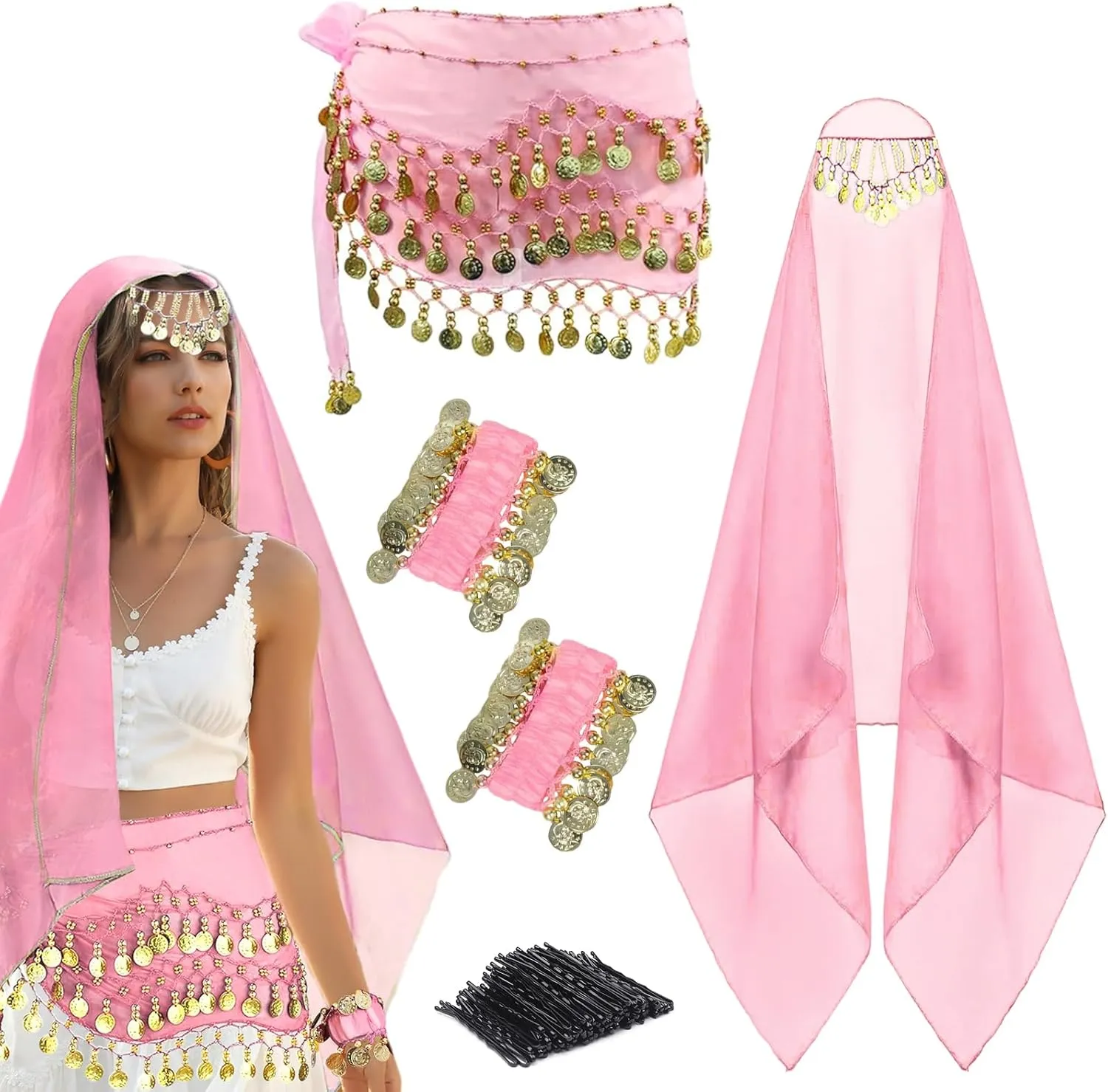 4 Pcs Belly Dance Outfit Sets Belly Dance Chiffon Hip Scarf, Head Scarf with Gold Coins 2 Coin Wrist Bracelet 50 Bobby Pins