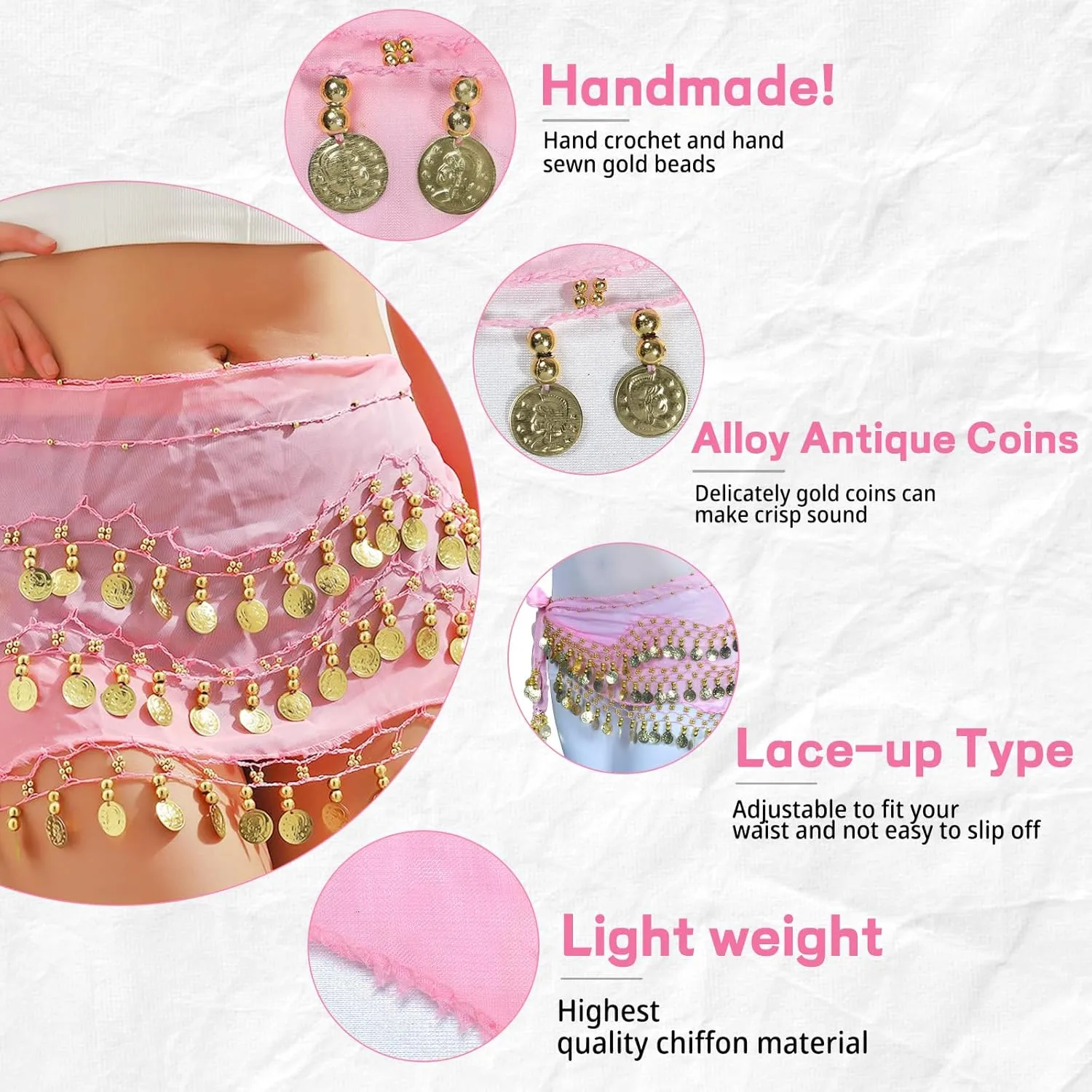 4 Pcs Belly Dance Outfit Sets Belly Dance Chiffon Hip Scarf, Head Scarf with Gold Coins 2 Coin Wrist Bracelet 50 Bobby Pins