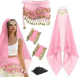4 Pcs Belly Dance Outfit Sets Belly Dance Chiffon Hip Scarf, Head Scarf with Gold Coins 2 Coin Wrist Bracelet 50 Bobby Pins