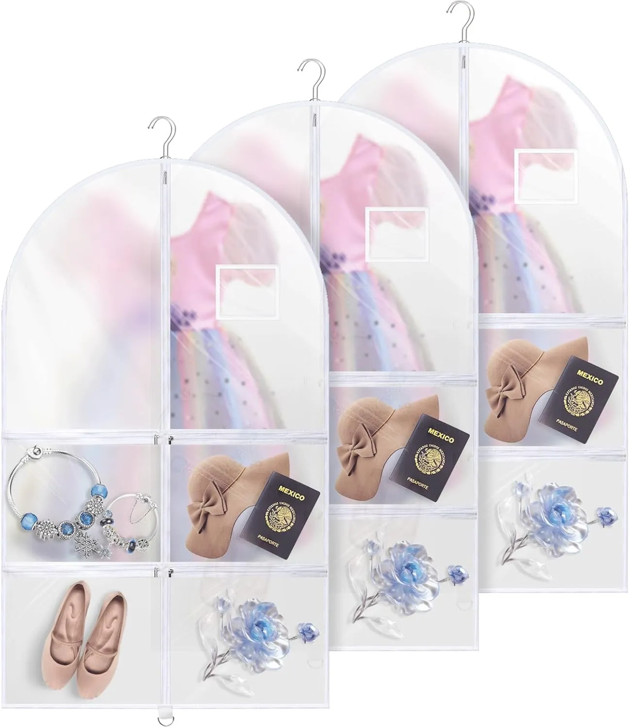 40 Inch Dance Garment Bags (3 Pack) – Clear PVC Costume Bags with 4 Zipper Pockets, and Hanging Design for Kids and Dancers, Perfect for Travel, Dance Competitions, and Closet Storage