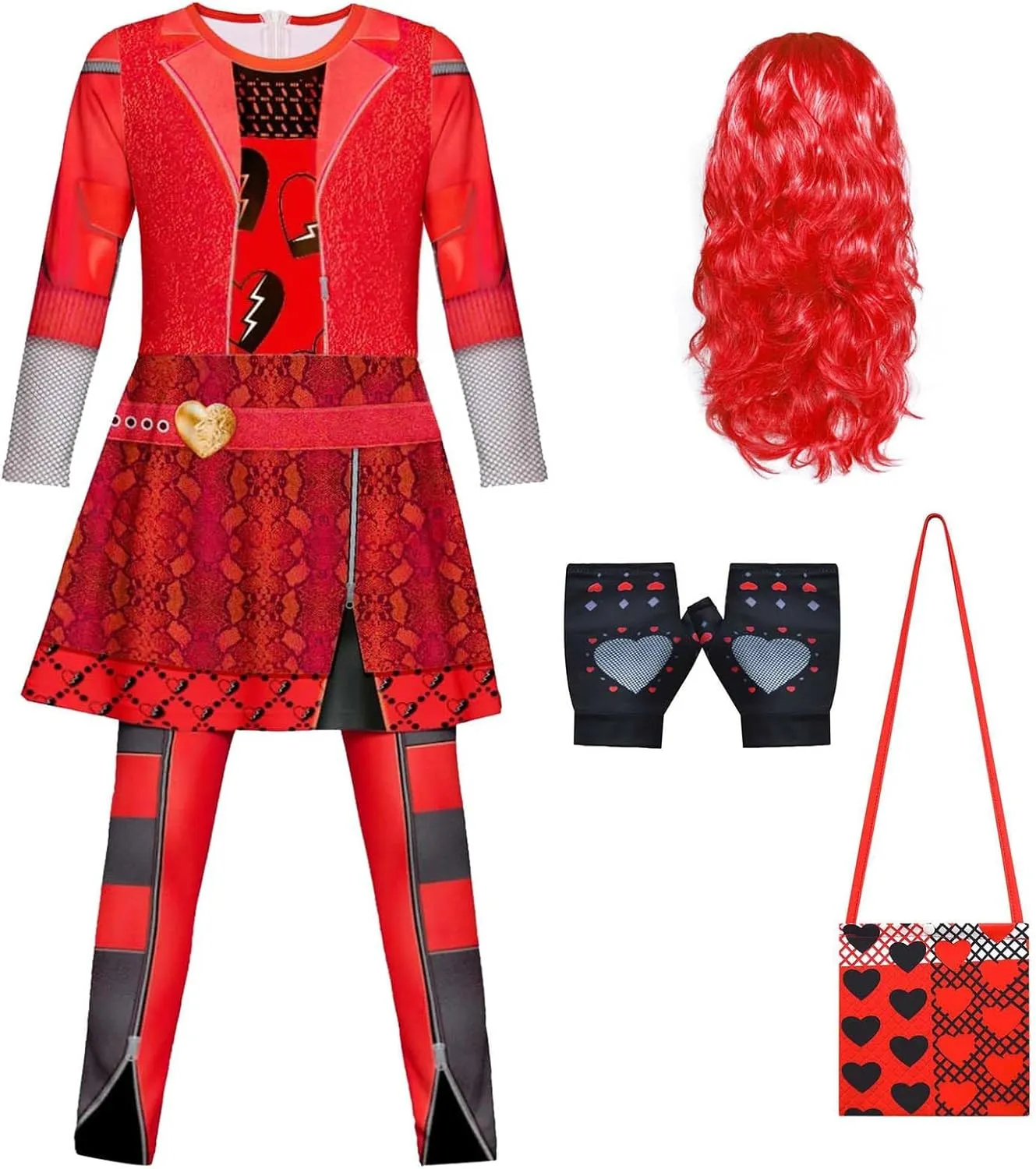 4Pcs Red Descend Costume Kids Girls Rise Red Costume Princess Jumpsuits Party Dress Up Halloween Costume