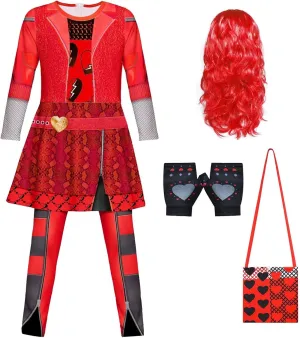 4Pcs Red Descend Costume Kids Girls Rise Red Costume Princess Jumpsuits Party Dress Up Halloween Costume