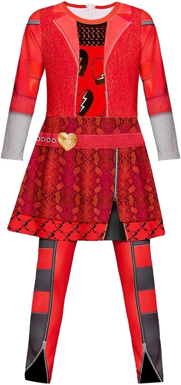 4Pcs Red Descend Costume Kids Girls Rise Red Costume Princess Jumpsuits Party Dress Up Halloween Costume
