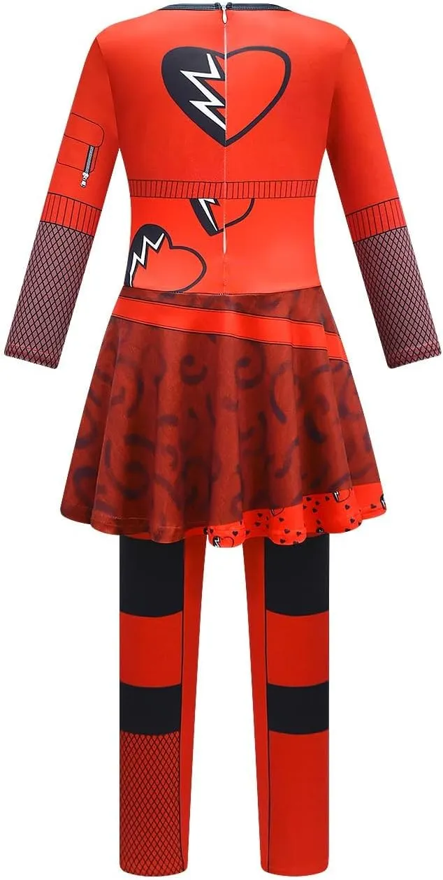 4Pcs Red Descend Costume Kids Girls Rise Red Costume Princess Jumpsuits Party Dress Up Halloween Costume
