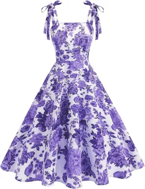 50s Dresses for Women 1950s Vintage Floral Cocktail Swing Dress Retro Tie Straps Backless Rockabilly Prom Tea Party Dresses