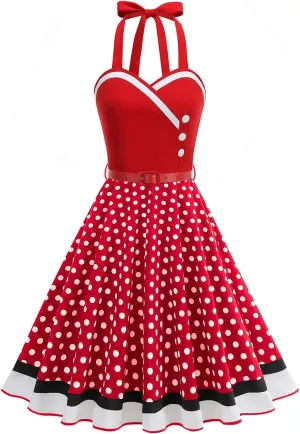 50s Dresses for Women Vintage 1950s Retro Cocktail Party Swing Dress with Belt Pin up 50's Polka Dot Floral Rockabilly Dress